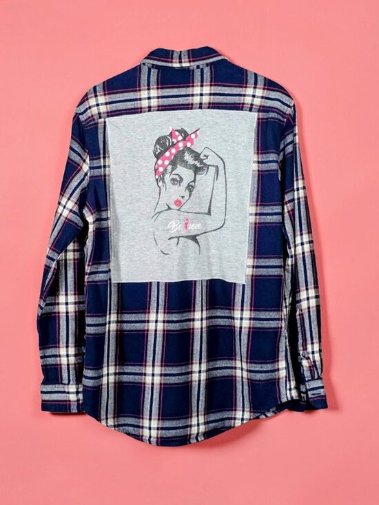 Upcycled Tops - Upcycled Rosie the Riveter Pin Up Breast Cancer Awareness Flannel Shirt M L